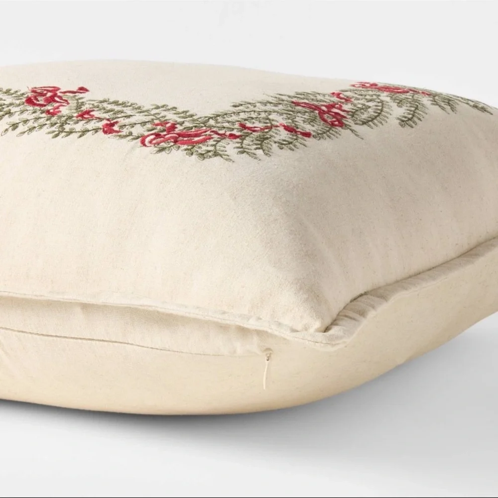 Large Natural Embroidered Leaves & Bows Holiday Pillow Threshold w/ Studio McGee